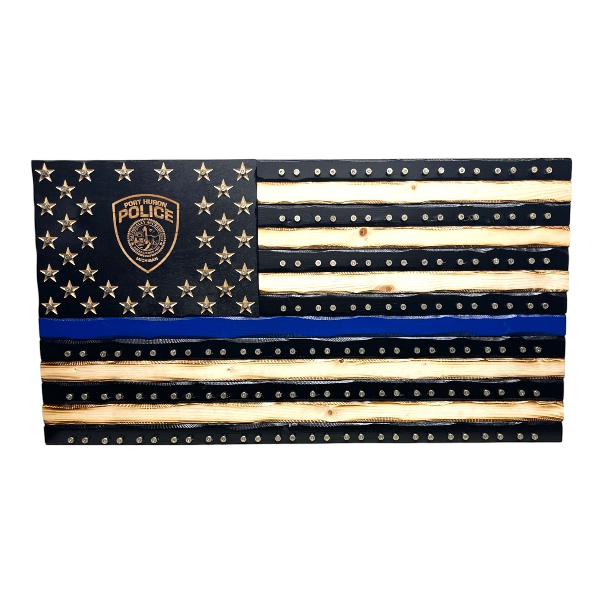 Breacher Rustics wooden American flag with a thin blue line, featuring 9mm bullet casings and a Port Huron Police Department emblem. handmade thin blue line coin flag display rack wooden challenge coin holder made in usa law enforcement tribute