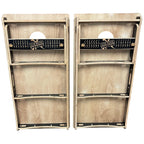 Breacher Rustics custom logo cornhole set, natural wood finish, with scoreboard and "Made in USA" detail. handmade thin blue line cornhole set custom wood premium patriotic law enforcement backyard game boards usa made design