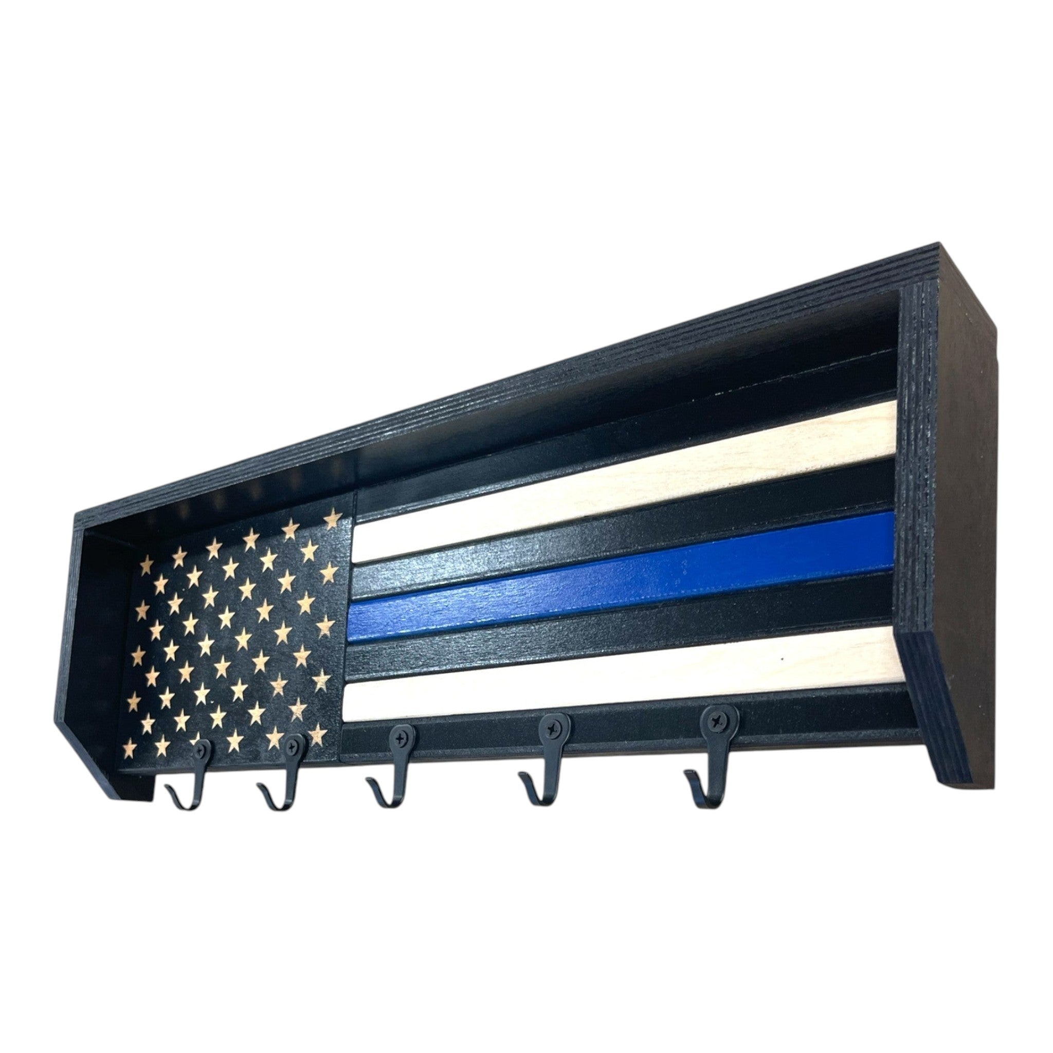 Breacher Rustics Thin Blue Line Flag key rack with black hooks. Wood construction. handmade thin blue line wood key rack usa made patriotic wall organizer for keys police support decor