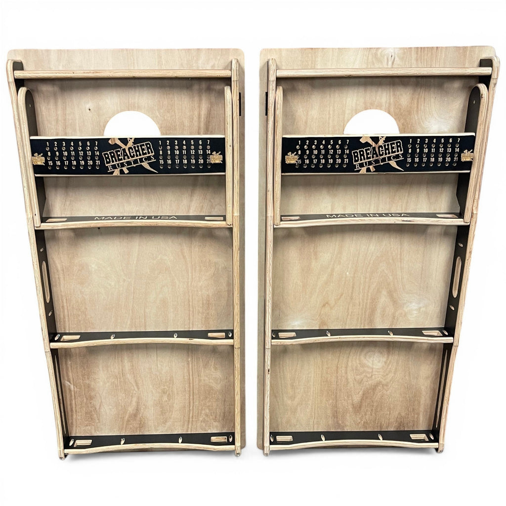Breacher Rustics custom cornhole set with scoreboard, made from Baltic Birch wood. Features a thin red line design and is made in the USA. handmade thin red line cornhole set custom wood premium firefighter patriotic backyard game boards usa made