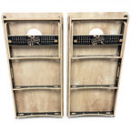 Breacher Rustics custom cornhole set with scoreboard, made from Baltic Birch wood. Features a thin red line design and is made in the USA. handmade thin red line cornhole set custom wood premium firefighter patriotic backyard game boards usa made
