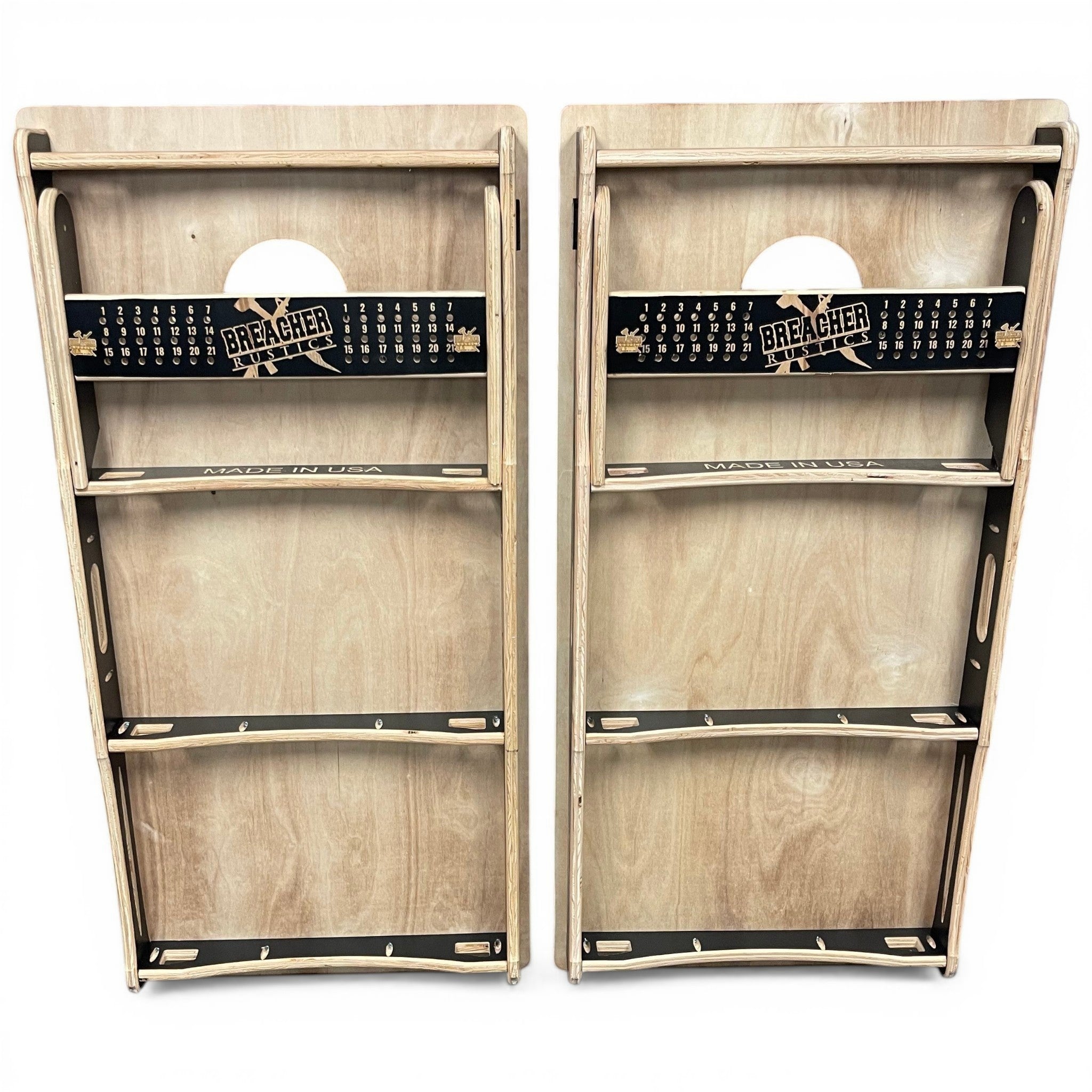Breacher Rustics custom cornhole set with scoreboard, made from Baltic Birch wood. Features a thin red line design and is made in the USA. handmade thin red line cornhole set custom wood premium firefighter patriotic backyard game boards usa made