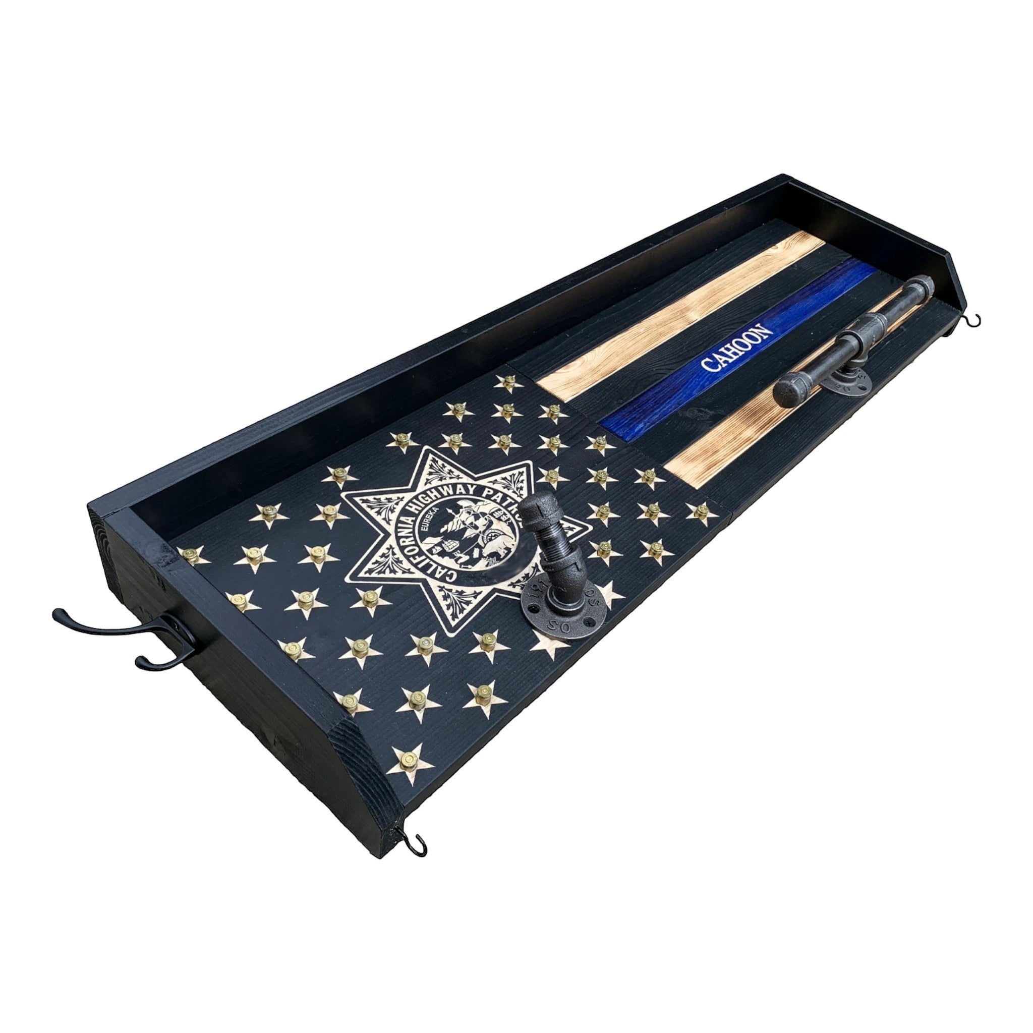 Breacher Rustics Thin Silver Line correctional officer gear rack with California Highway Patrol emblem and CAHOON personalization. handmade thin silver line gear rack usa wood premium correctional officer wall organizer vest and duty belt holder