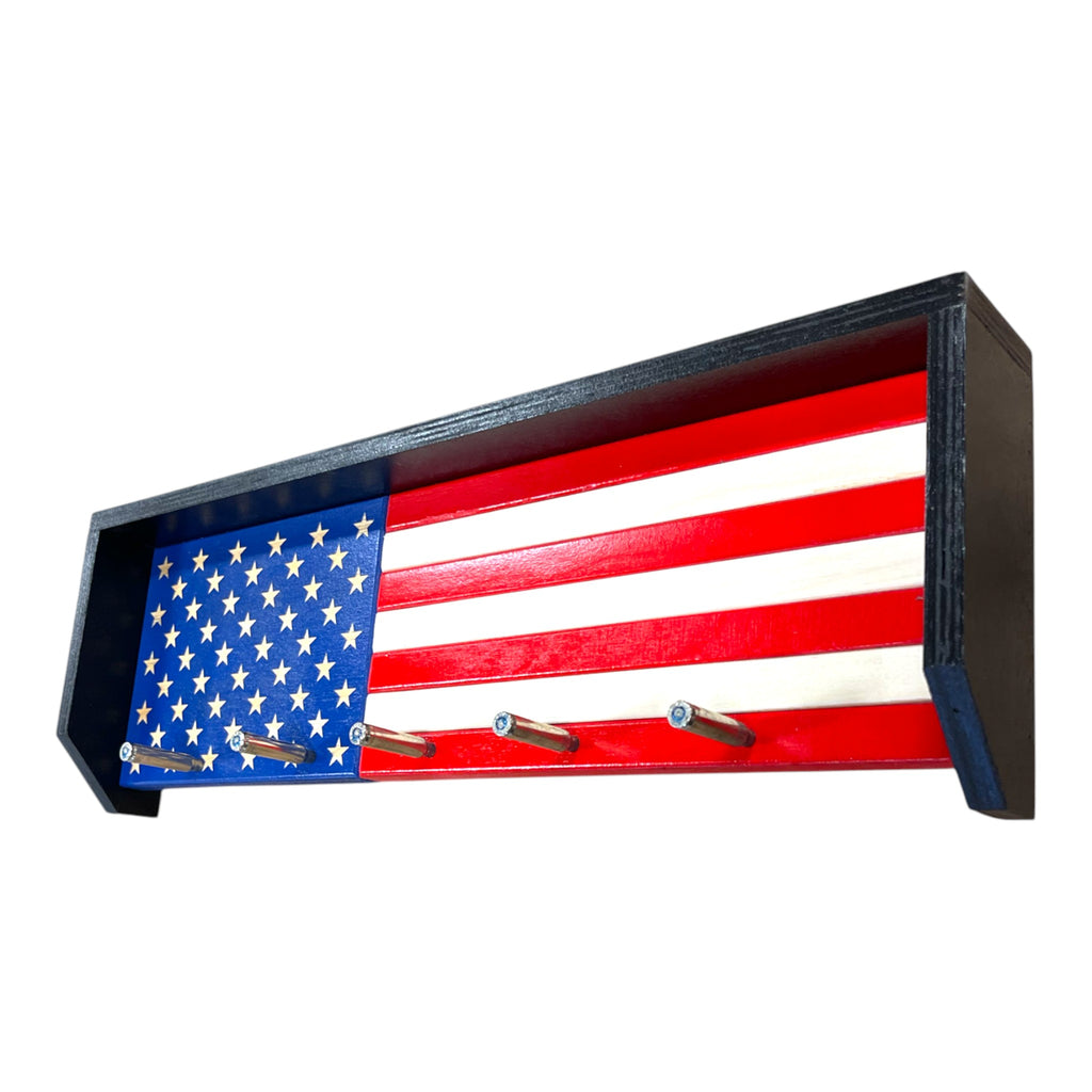 Breacher Rustics USA flag key rack with red, white, and blue stripes and stars, featuring bullet casing hooks. handmade usa american flag wood key rack rustic wall organizer patriotic entryway decor key holder