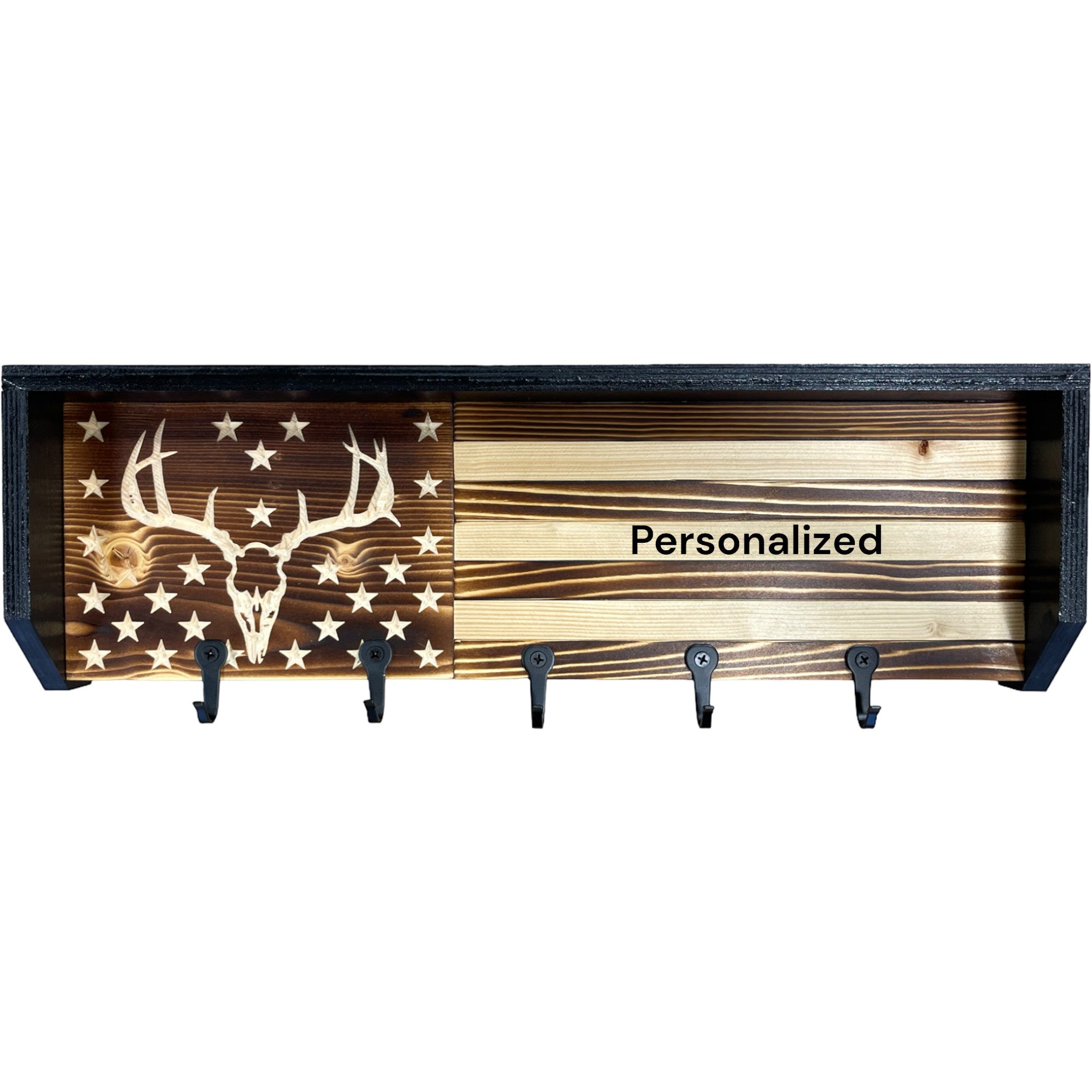 Breacher Rustics wooden key rack with deer skull and stars on American flag design. Includes 5 black hooks. deer hunter american flag key rack wooden wall organizer for keys rustic patriotic hunting decor