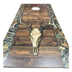 Breacher Rustics deer skull cornhole set with wood grain and camouflage accents. Perfect for outdoor games. hunting deer skull cornhole set handmade wooden patriotic backyard bean bag toss game camo outdoor boards