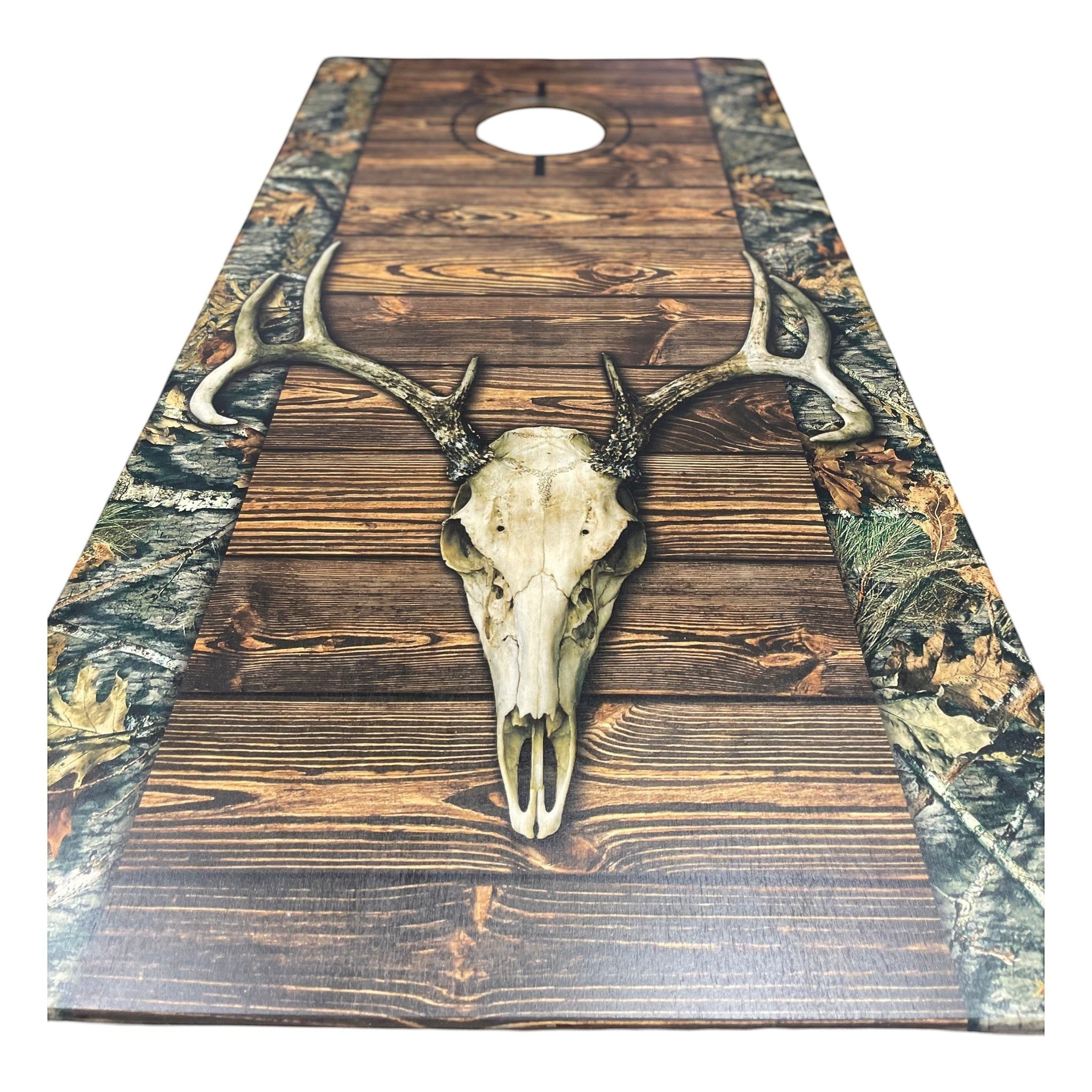 Breacher Rustics deer skull cornhole set with wood grain and camouflage accents. Perfect for outdoor games. hunting deer skull cornhole set handmade wooden patriotic backyard bean bag toss game camo outdoor boards