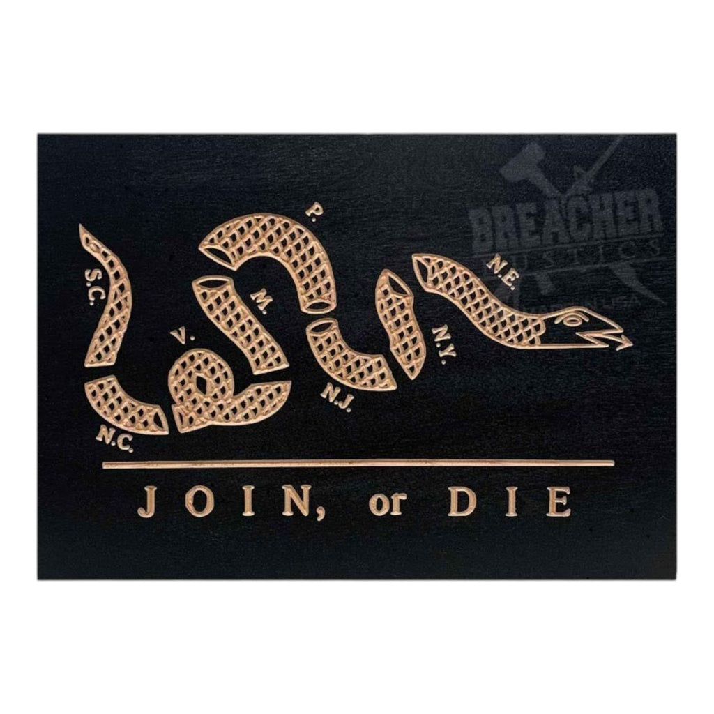 Breacher Rustics Join or Die concealment box with carved snake and text, black wood with gold accents. RFID gun concealment box join or die wood hidden storage locking box custom foam interior secure patriotic display case