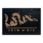 Breacher Rustics Join or Die concealment box with carved snake and text, black wood with gold accents. RFID gun concealment box join or die wood hidden storage locking box custom foam interior secure patriotic display case