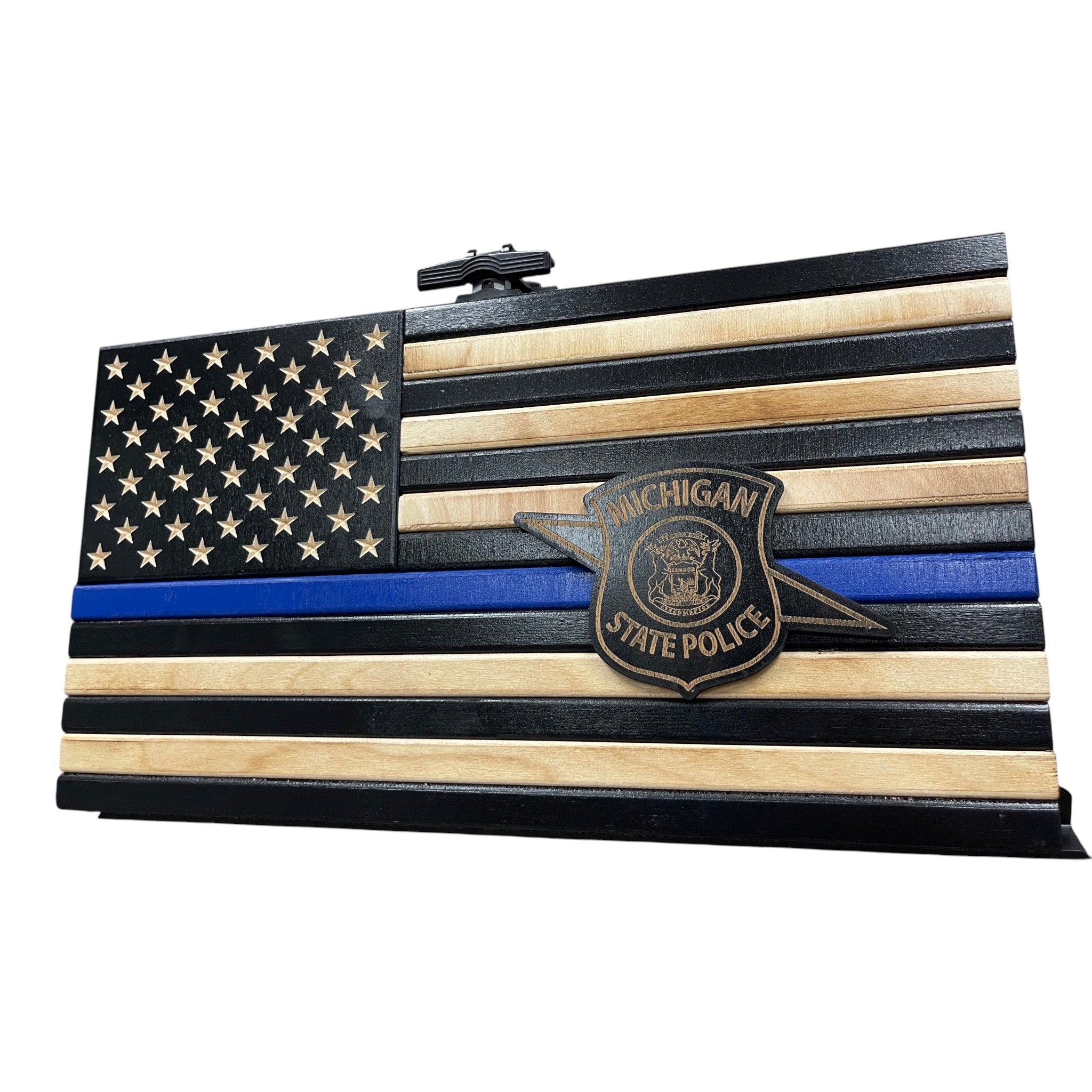 Breacher Rustics Thin Blue Line wooden American flag with Michigan State Police emblem. Black and natural wood stripes. law enforcement desk flag thin blue line wood patriotic office decor handmade police memorial and retirement display