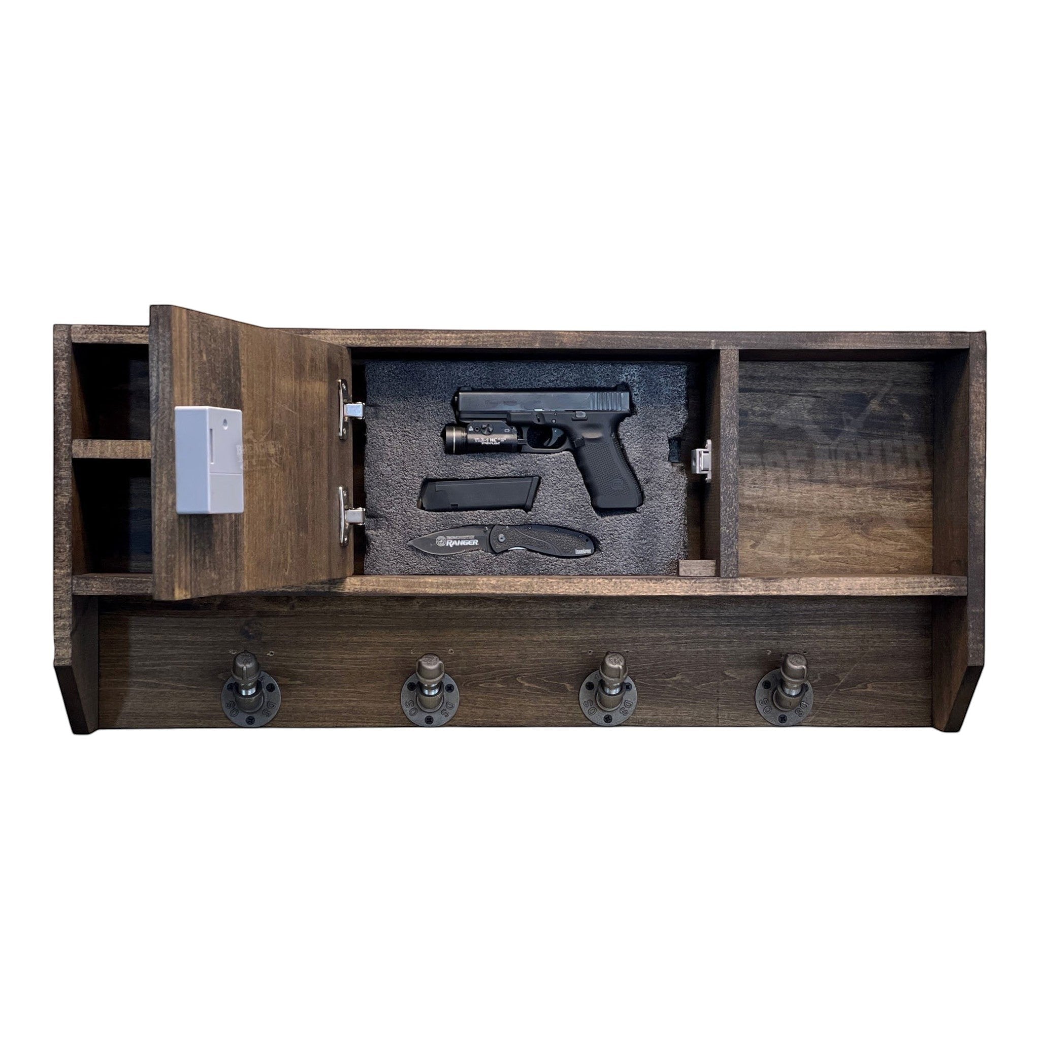 Breacher Rustics dark wood concealment shelf with RFID lock, featuring a handgun, magazine, and knife inside. Includes hooks below. law enforcement gear rack concealment shelf black wall organizer for duty belt vest and equipment secure storage