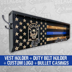 Breacher Rustics thin blue line flag gear rack with hooks for duty belt and vest, personalized and adorned with bullet casings. police gear rack with concealment shelf RFID locking hidden storage cabinet wooden wall mounted organizer usa made