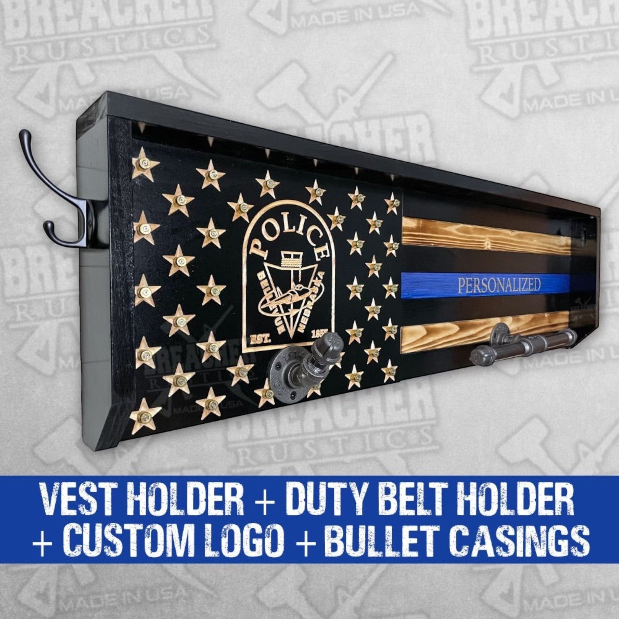 Breacher Rustics thin blue line flag gear rack with hooks for duty belt and vest, personalized and adorned with bullet casings. police gear rack with concealment shelf RFID locking hidden storage cabinet wooden wall mounted organizer usa made