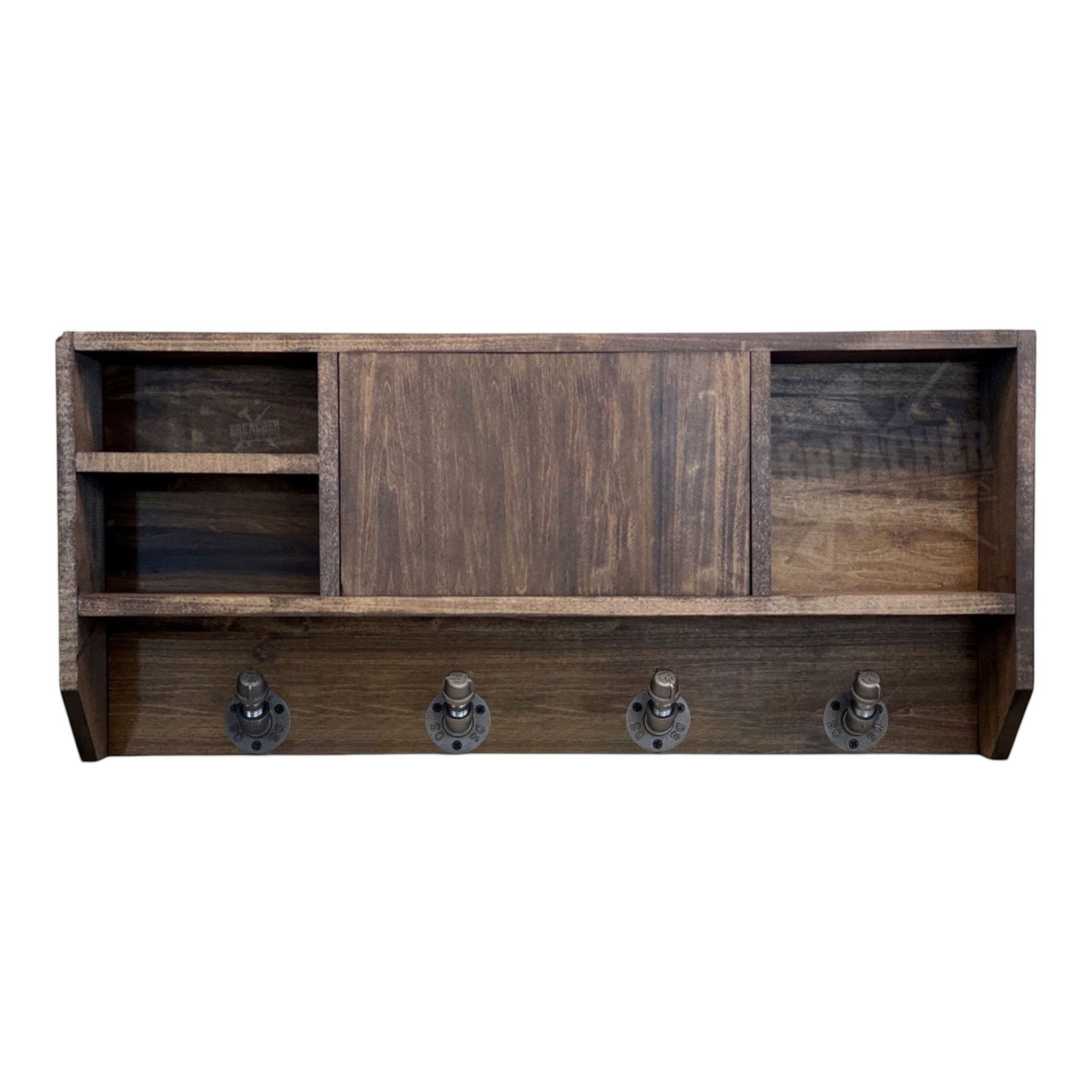 Breacher Rustics stained wood concealment shelf with sliding door, open compartments, and four industrial pipe hooks. law enforcement gear rack wall shelf organizer wooden coat rack with concealed storage for police equipment and uniforms