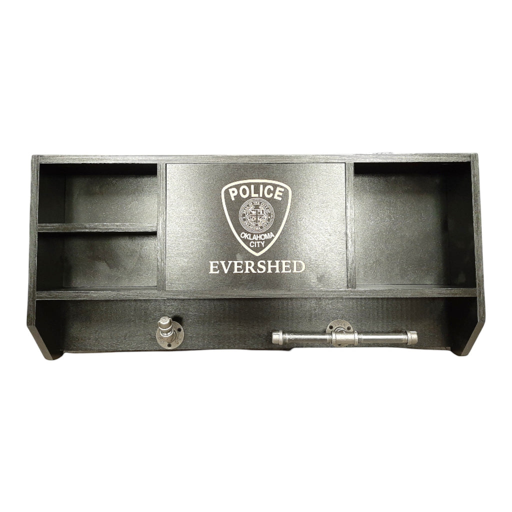 Breacher Rustics black wooden concealment shelf with Oklahoma City Police badge and Evershed name. Features industrial pipe accents. leo concealment shelf gear rack black wooden wall cabinet hidden storage for firearms duty gear and keys rfid lock