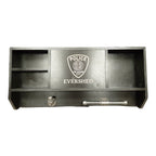 Breacher Rustics black wooden concealment shelf with Oklahoma City Police badge and Evershed name. Features industrial pipe accents. leo concealment shelf gear rack black wooden wall cabinet hidden storage for firearms duty gear and keys rfid lock