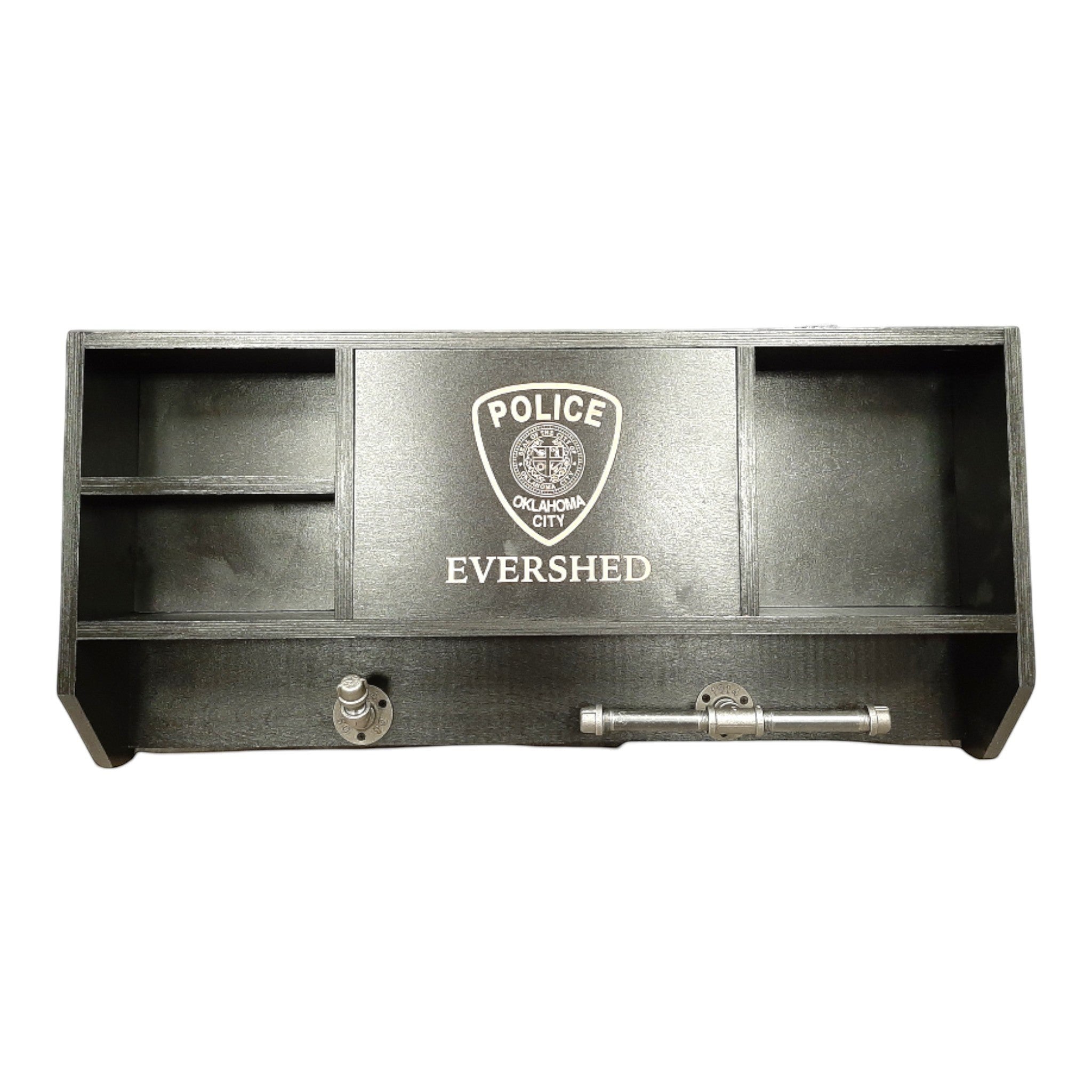 Breacher Rustics black wooden concealment shelf with Oklahoma City Police badge and Evershed name. Features industrial pipe accents. leo concealment shelf gear rack black wooden wall cabinet hidden storage for firearms duty gear and keys rfid lock