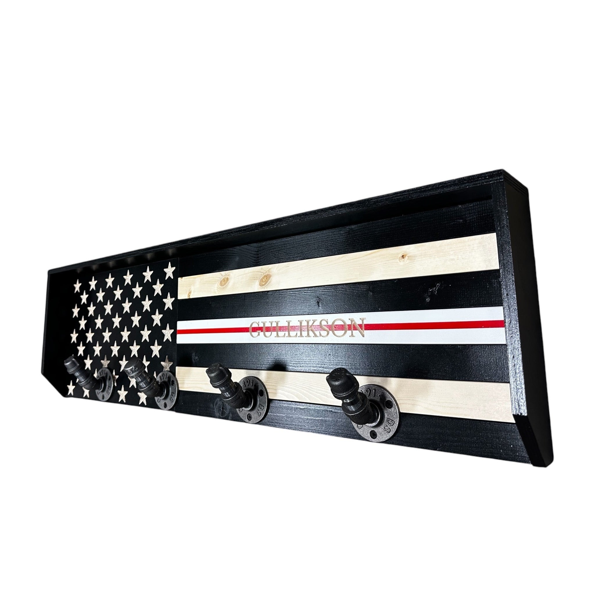 Breacher Rustics nurse themed wooden coat rack with American flag design and custom name personalization. Features black, white, and red stripes with metal hooks.