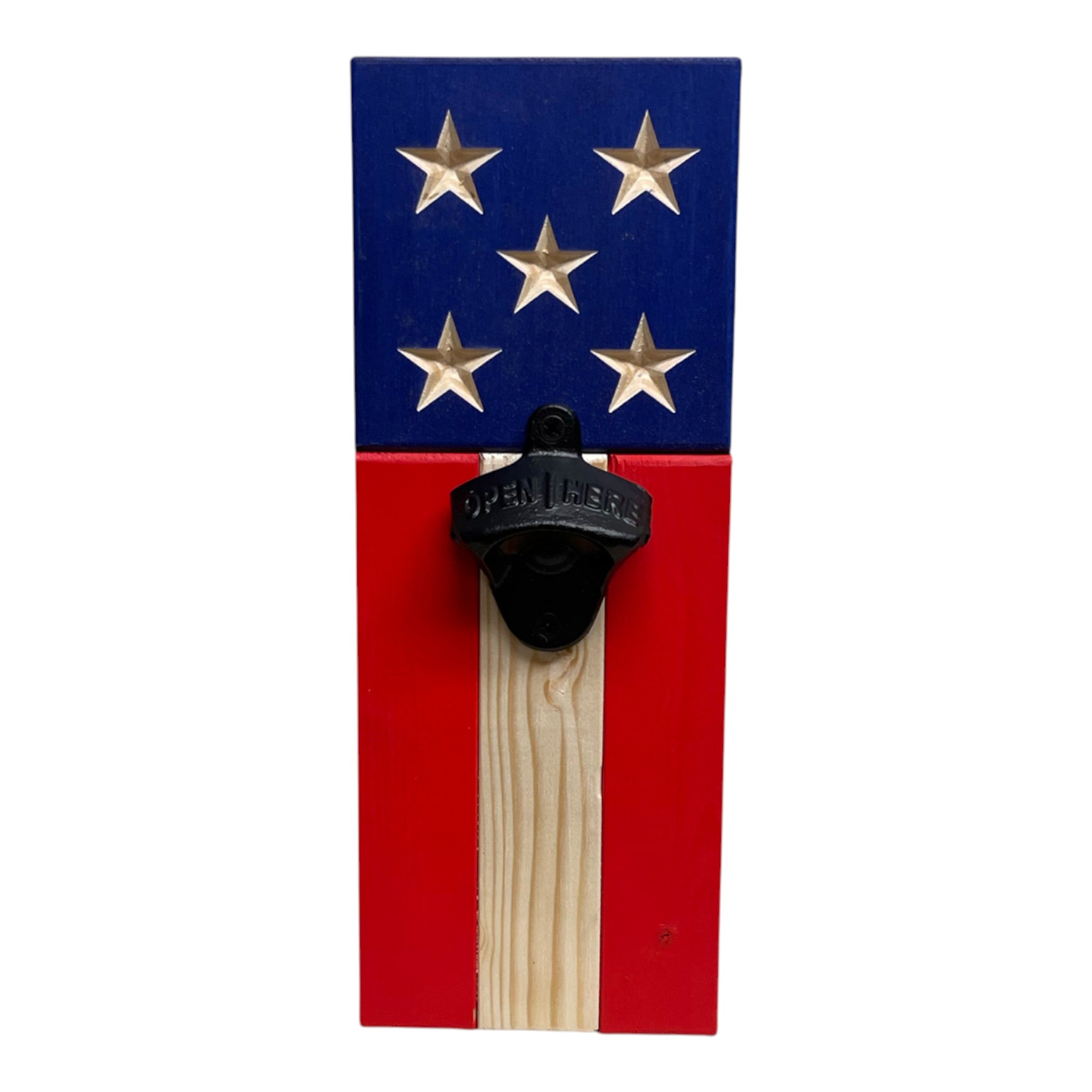 Breacher Rustics American flag wooden bottle opener with carved stars and red and blue stripes. patriotic american flag bottle opener bar wall decor wooden mounted beer opener rustic man cave accessory