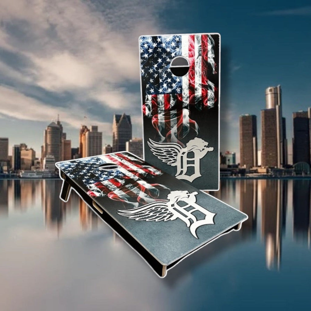 patriotic american flag cornhole set wooden outdoor yard game for tailgating and family fun