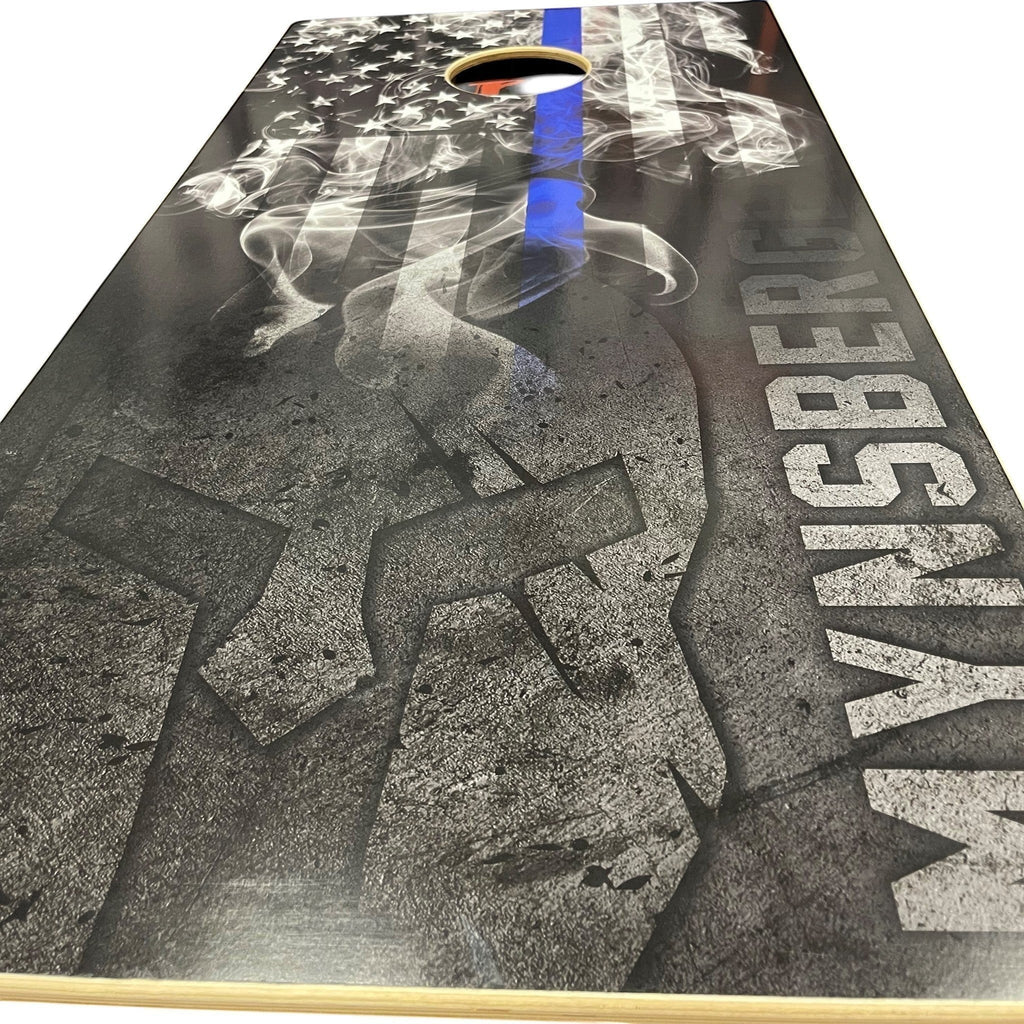 Breacher Rustics Thin Blue Line American flag cornhole set with smoke effect and distressed texture. Customizable. personalized thin blue line cornhole set logo and name custom wooden boards law enforcement patriotic outdoor game set