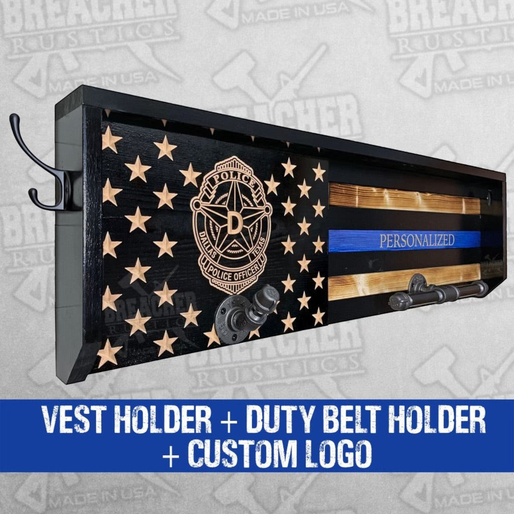 Breacher Rustics thin blue line flag gear rack with hooks for duty belt and vest, personalized option. police gear rack wall mounted wooden duty belt vest holder law enforcement organizer patriotic usa made