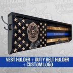 Breacher Rustics thin blue line flag gear rack with hooks for duty belt and vest, personalized option. police gear rack wall mounted wooden duty belt vest holder law enforcement organizer patriotic usa made