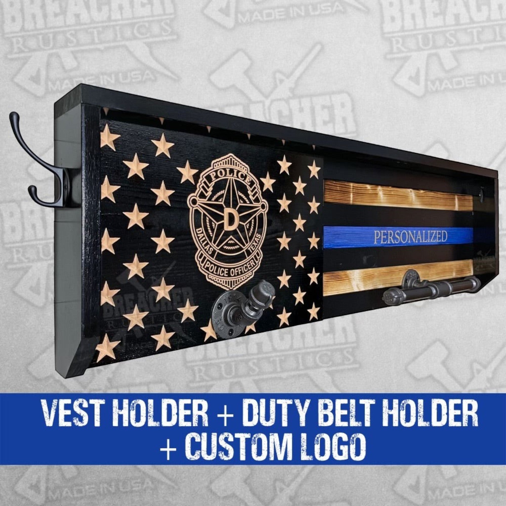 Breacher Rustics thin blue line flag gear rack with hooks for duty belt and vest, personalized option. police gear rack wall mounted wooden duty belt vest holder law enforcement organizer patriotic usa made
