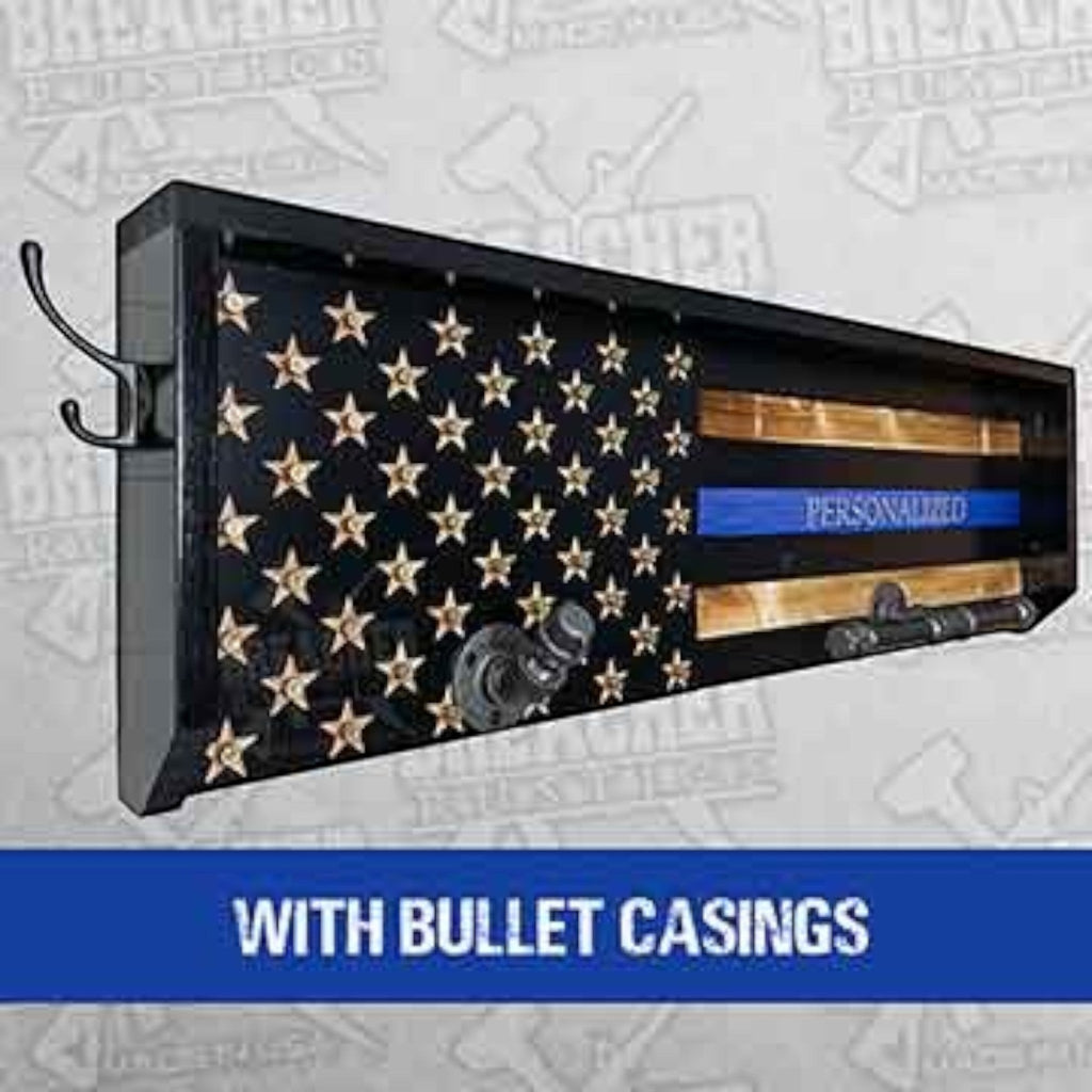 Breacher Rustics thin blue line flag gear rack with hooks, personalized blue stripe, and bullet casing accents. police officer sheriff gear rack wall mounted wooden duty belt vest holder law enforcement organizer patriotic usa made