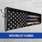 Breacher Rustics thin blue line flag gear rack with hooks, personalized blue stripe, and bullet casing accents. police officer sheriff gear rack wall mounted wooden duty belt vest holder law enforcement organizer patriotic usa made