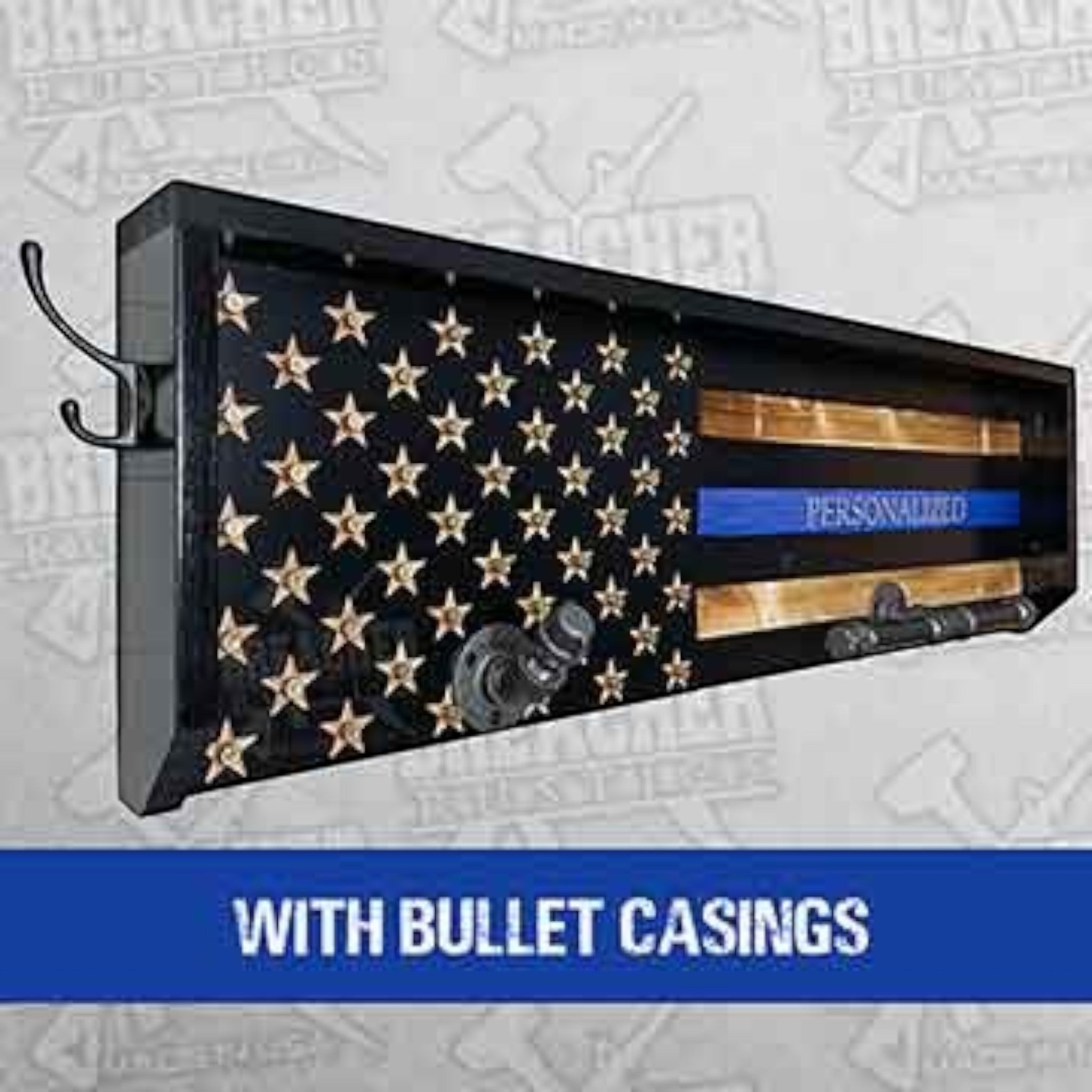 Breacher Rustics thin blue line flag gear rack with hooks, personalized blue stripe, and bullet casing accents. police officer sheriff gear rack wall mounted wooden duty belt vest holder law enforcement organizer patriotic usa made