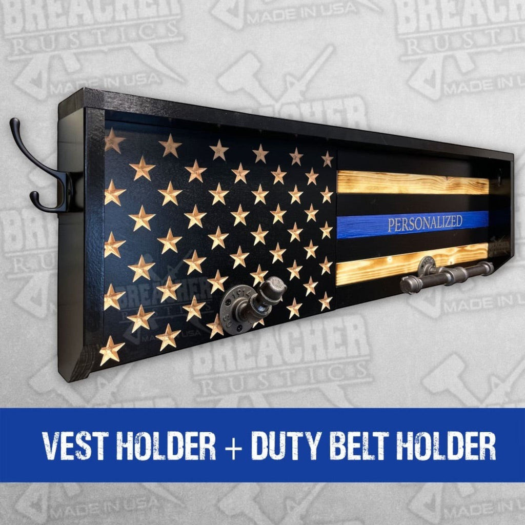 Breacher Rustics thin blue line flag gear rack with hooks for duty belt and vest. Features personalized text. police gear rack wall mounted wooden duty belt vest holder law enforcement organizer patriotic usa made