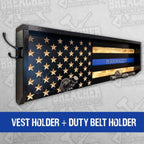 Breacher Rustics thin blue line flag gear rack with hooks for duty belt and vest. Features personalized text. police gear rack wall mounted wooden duty belt vest holder law enforcement organizer patriotic usa made