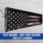 Breacher Rustics thin blue line flag gear rack with hooks, personalized blue stripe, and bullet casing accents. Holds duty belts and vests. police gear rack gift for officers wooden wall mounted organizer for duty gear law enforcement tribute decor