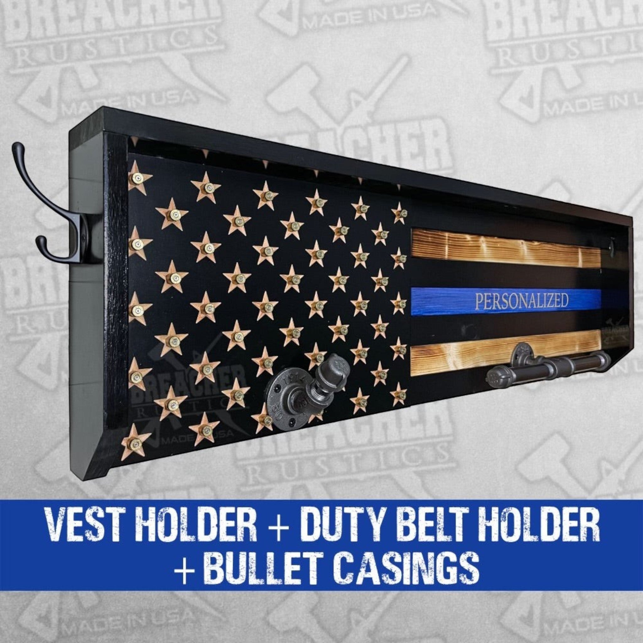 Breacher Rustics thin blue line flag gear rack with hooks, personalized blue stripe, and bullet casing accents. Holds duty belts and vests. police gear rack gift for officers wooden wall mounted organizer for duty gear law enforcement tribute decor