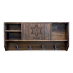 Breacher Rustics stained wood wall shelf with sheriff star emblem and custom name, featuring open cubbies and four hooks. RFID concealment shelf gun gear rack wood hidden storage cabinet tactical wall mounted organizer with foam interior