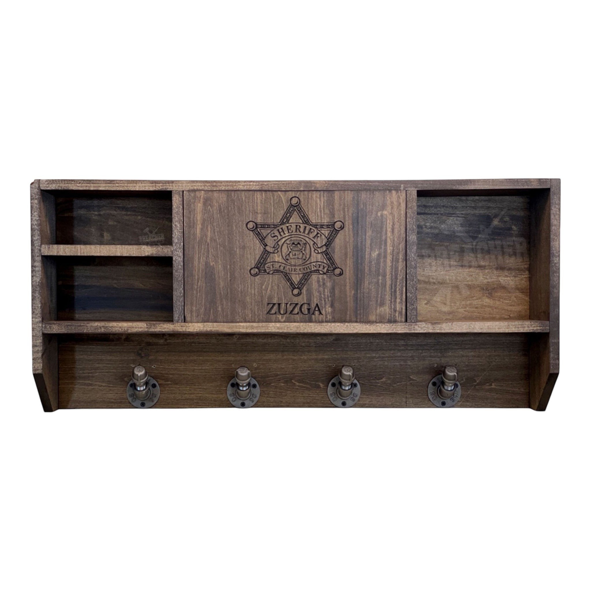 Breacher Rustics stained wood wall shelf with sheriff star emblem and custom name, featuring open cubbies and four hooks. RFID concealment shelf gun gear rack wood hidden storage cabinet tactical wall mounted organizer with foam interior