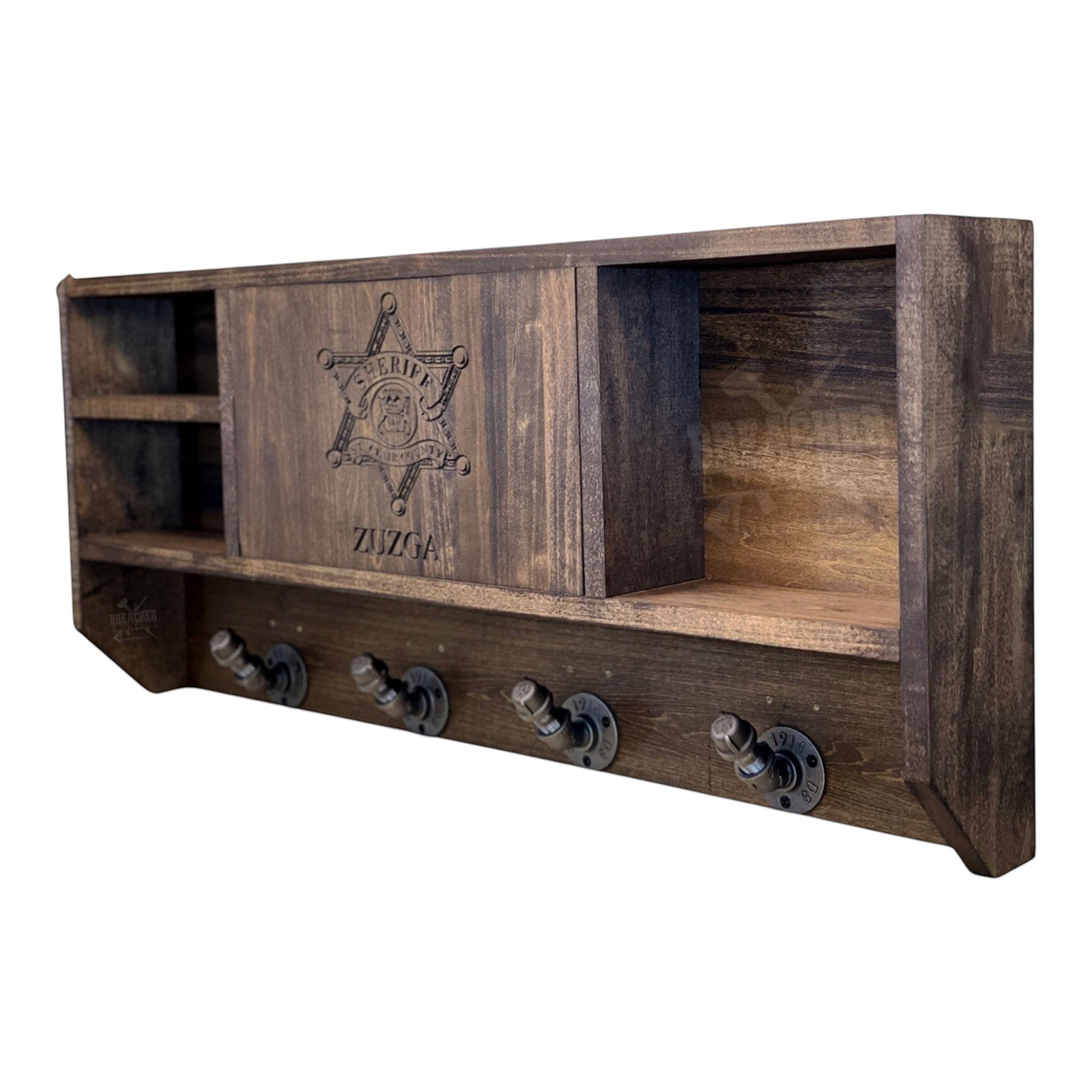 Breacher Rustics stained wood concealment shelf with sheriff's badge and name  engraved, featuring 4 industrial pipe hooks below. RFID concealment shelf gun gear rack wood hidden storage cabinet tactical wall mounted organizer with foam interior