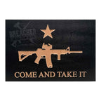 Breacher Rustics Come and Take It concealment box with AR-15 graphic and star. Black wood with natural wood inlay. RFID gun concealment box come and take it wood hidden storage secure locking box custom foam interior patriotic display case