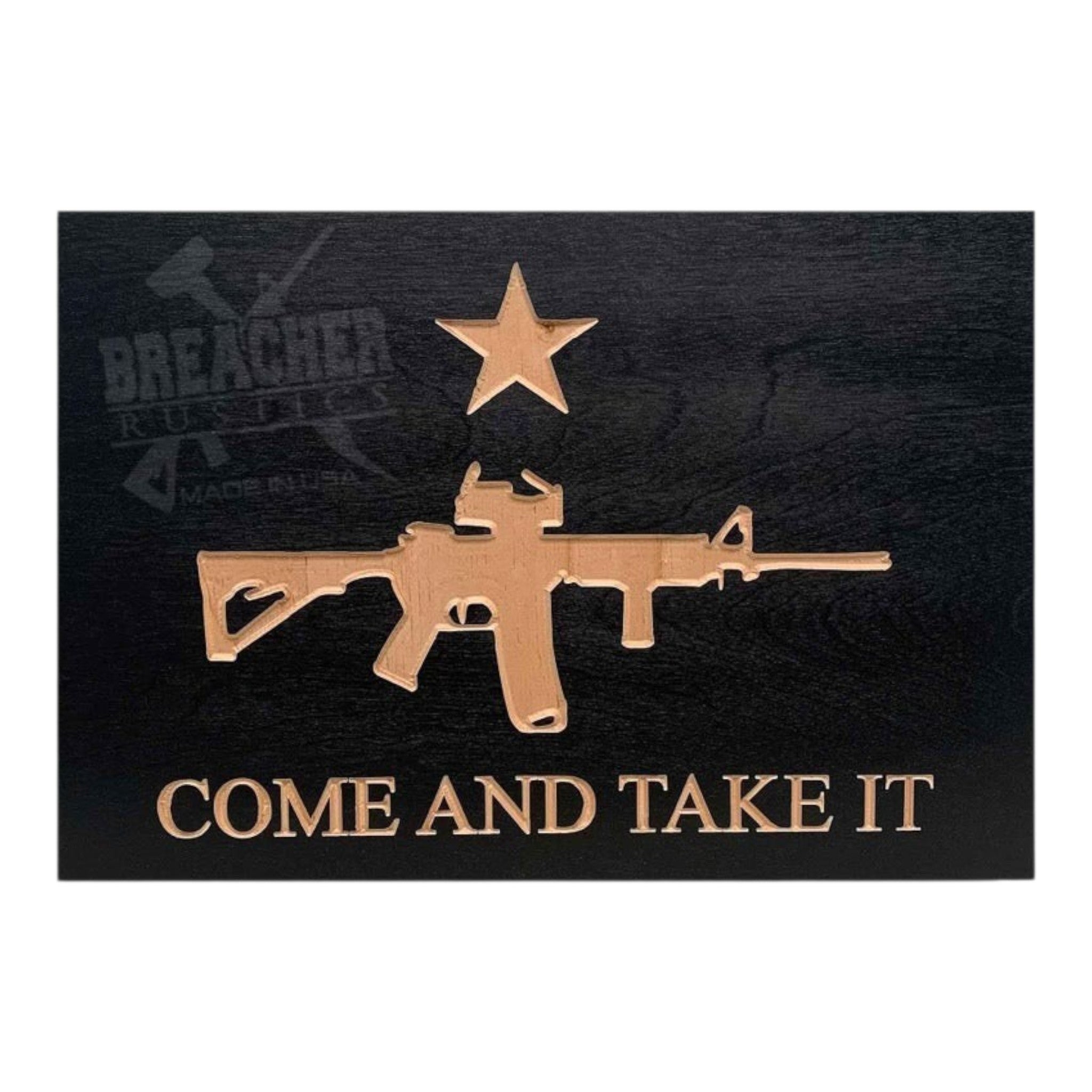 Breacher Rustics Come and Take It concealment box with AR-15 graphic and star. Black wood with natural wood inlay. RFID gun concealment box come and take it wood hidden storage secure locking box custom foam interior patriotic display case