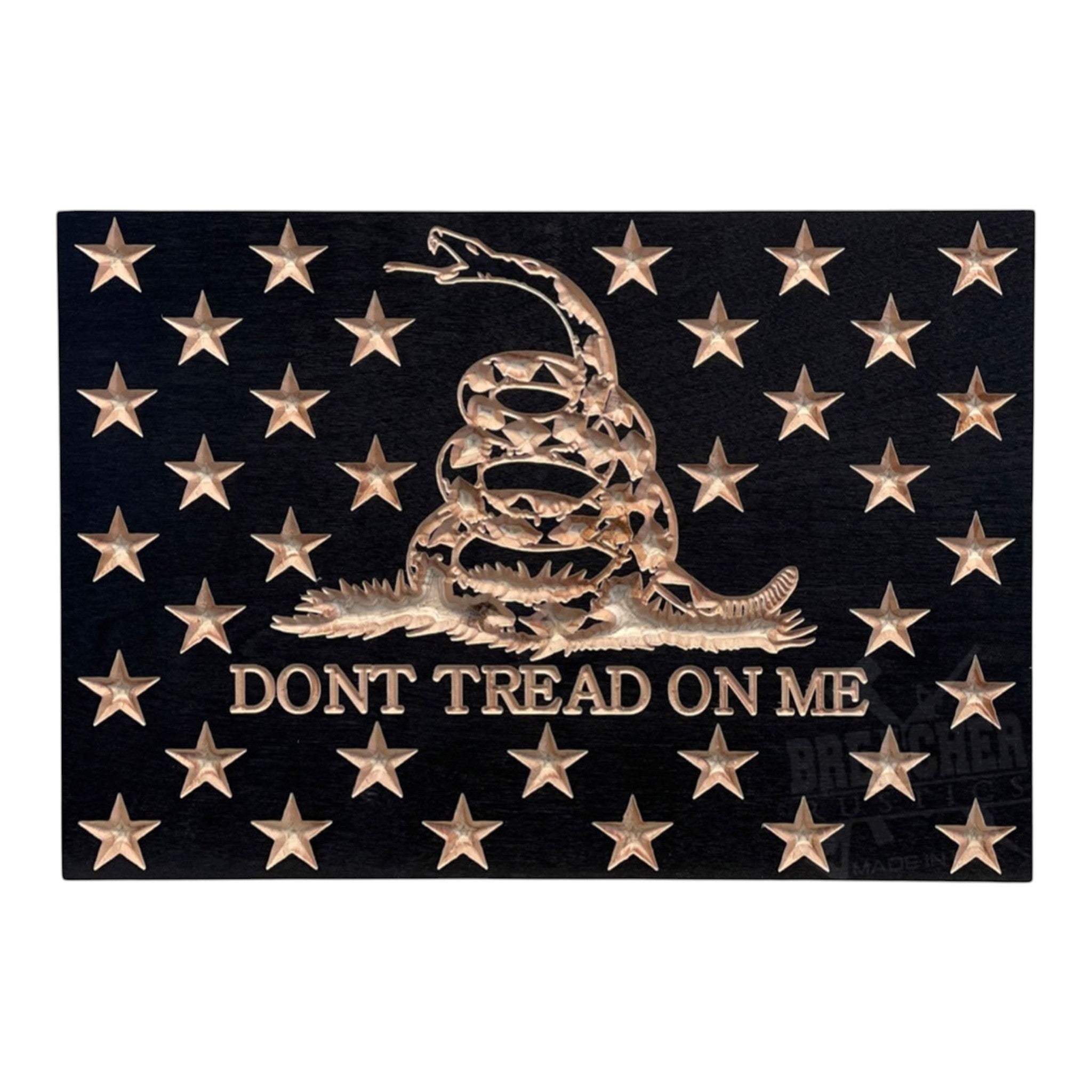 Breacher Rustics Don't Tread On Me concealment box with carved snake and stars, RFID lock, customizable foam interior. RFID gun concealment box dont tread on me wood hidden storage secure locking cabinet custom foam patriotic display case