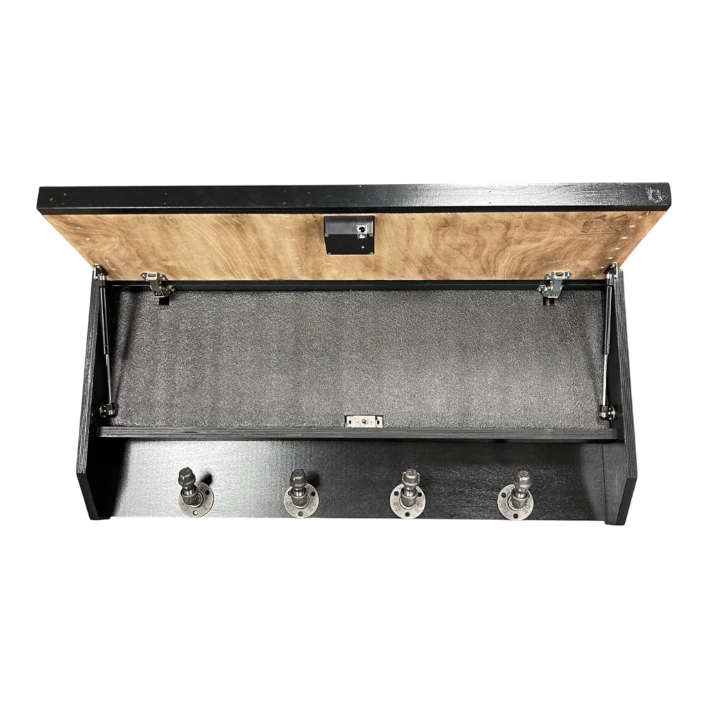Breacher Rustics black wooden American flag concealment gear rack with RFID lock and four industrial-style hooks. american flag concealment gear rack RFID lock wooden wall mounted hidden gun storage shelf patriotic usa made organizer military veteran