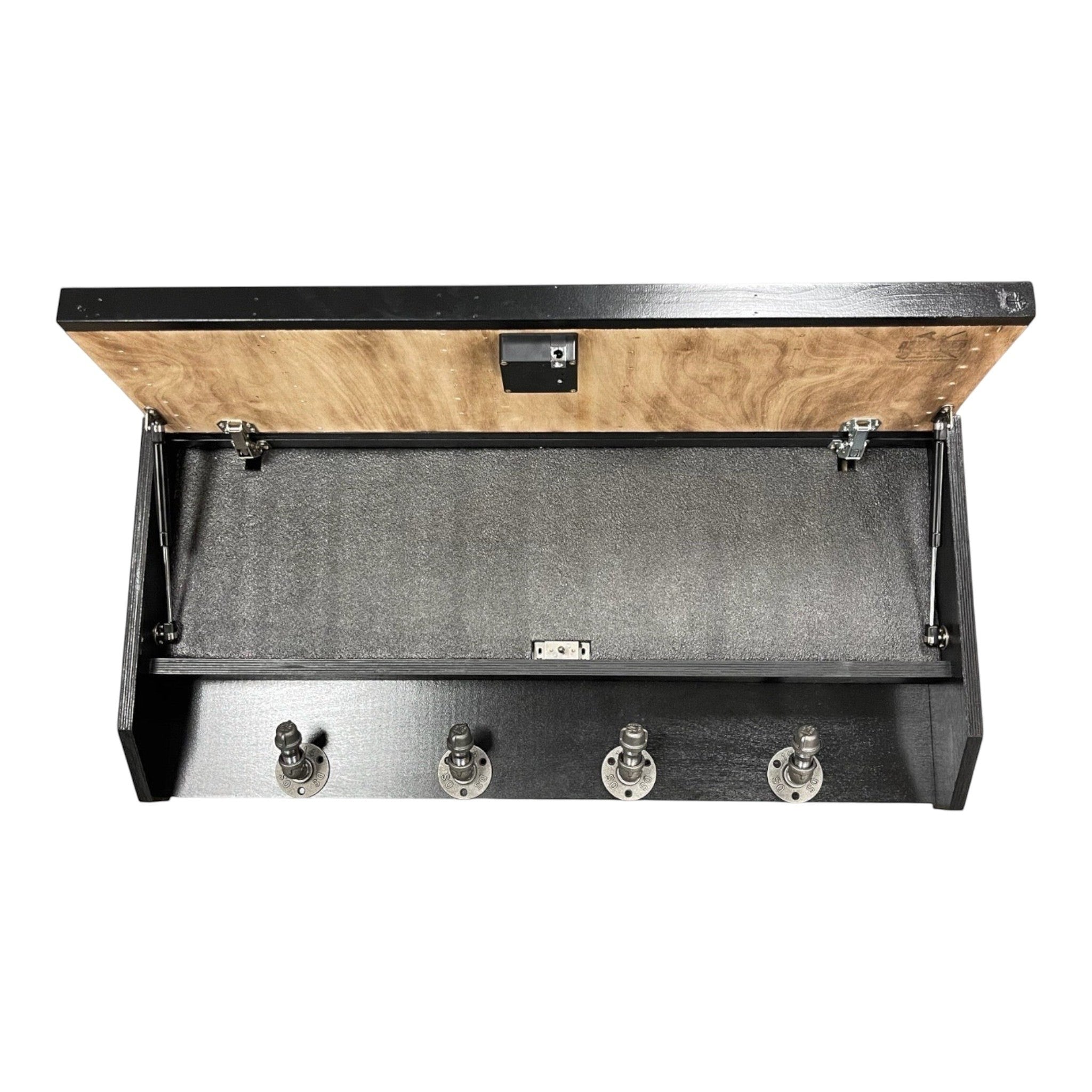Breacher Rustics black wooden American flag concealment gear rack with RFID lock and four industrial-style hooks. american flag concealment gear rack RFID lock wooden wall mounted hidden gun storage shelf patriotic usa made organizer military veteran
