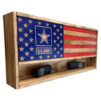 Breacher Rustics USA Armed Forces concealment cabinet with U.S. Army logo and American flag design. Features hidden storage shelf. RFID gun concealment wall rack usa wood hidden storage shelf secure locking cabinet with hooks patriotic display army navy usmc marines marine corps military veteran airforce