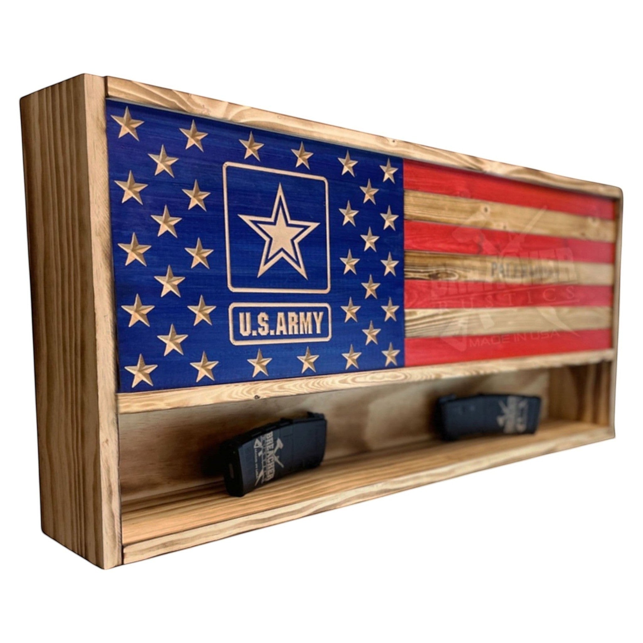 Breacher Rustics USA Armed Forces concealment cabinet with U.S. Army logo and American flag design. Features hidden storage shelf. RFID gun concealment wall rack usa wood hidden storage shelf secure locking cabinet with hooks patriotic display army navy usmc marines marine corps military veteran airforce