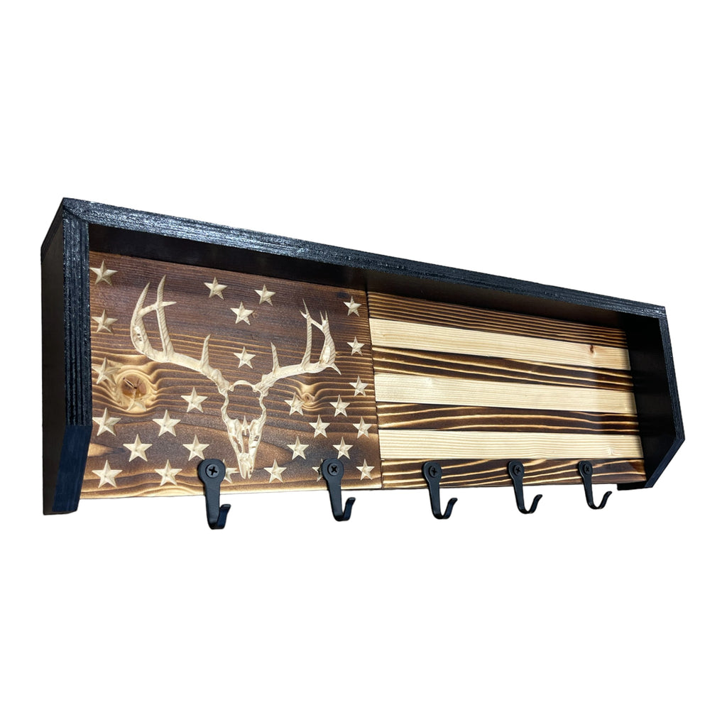 Breacher Rustics wooden American flag key rack with carved deer skull and 5 black hooks. rustic deer american flag key rack wooden cabin wall organizer for keys patriotic home decor