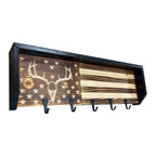 Breacher Rustics wooden American flag key rack with carved deer skull and 5 black hooks. rustic deer american flag key rack wooden cabin wall organizer for keys patriotic home decor