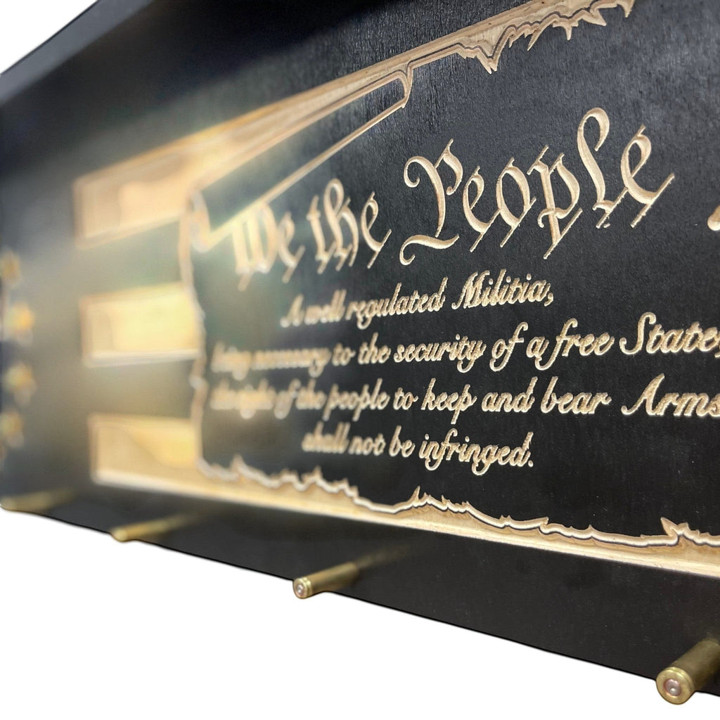 Breacher Rustics 2nd Amendment coat rack with "We the People" engraving and bullet casing hooks. second amendment american flag bullet coat rack wooden patriotic wall decor handcrafted usa made entryway organizer