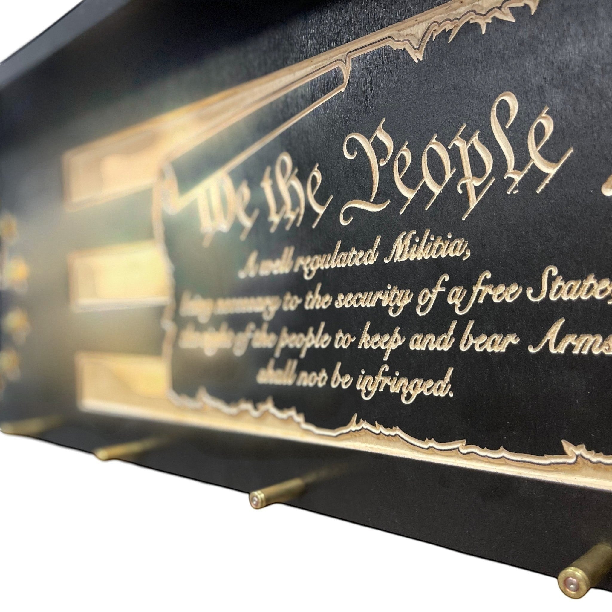 Breacher Rustics 2nd Amendment coat rack with "We the People" engraving and bullet casing hooks. second amendment american flag bullet coat rack wooden patriotic wall decor handcrafted usa made entryway organizer