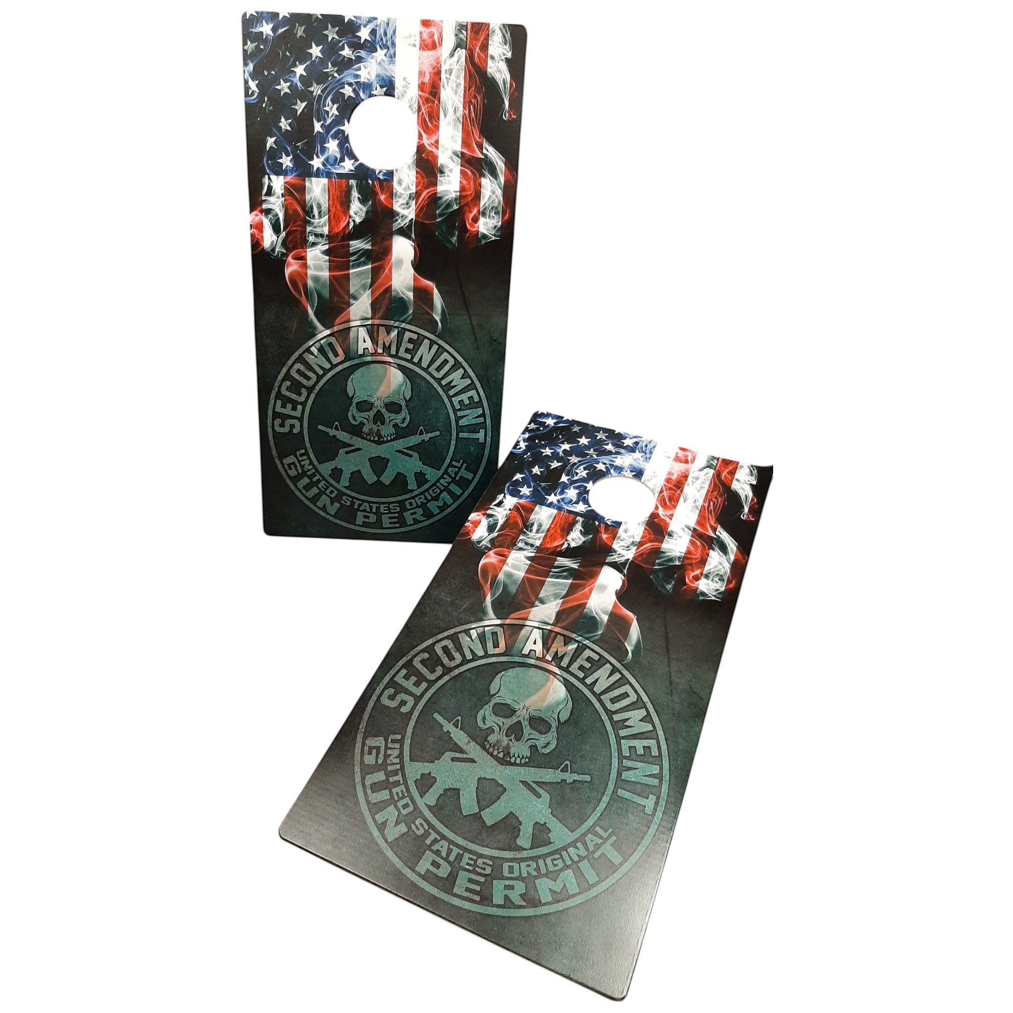 Breacher Rustics Second Amendment USA flag cornhole set with skull and guns graphic. Red, white, blue, and natural colors. second amendment cornhole set 2a patriotic flag wooden outdoor yard game boards for gun rights supporters and veterans